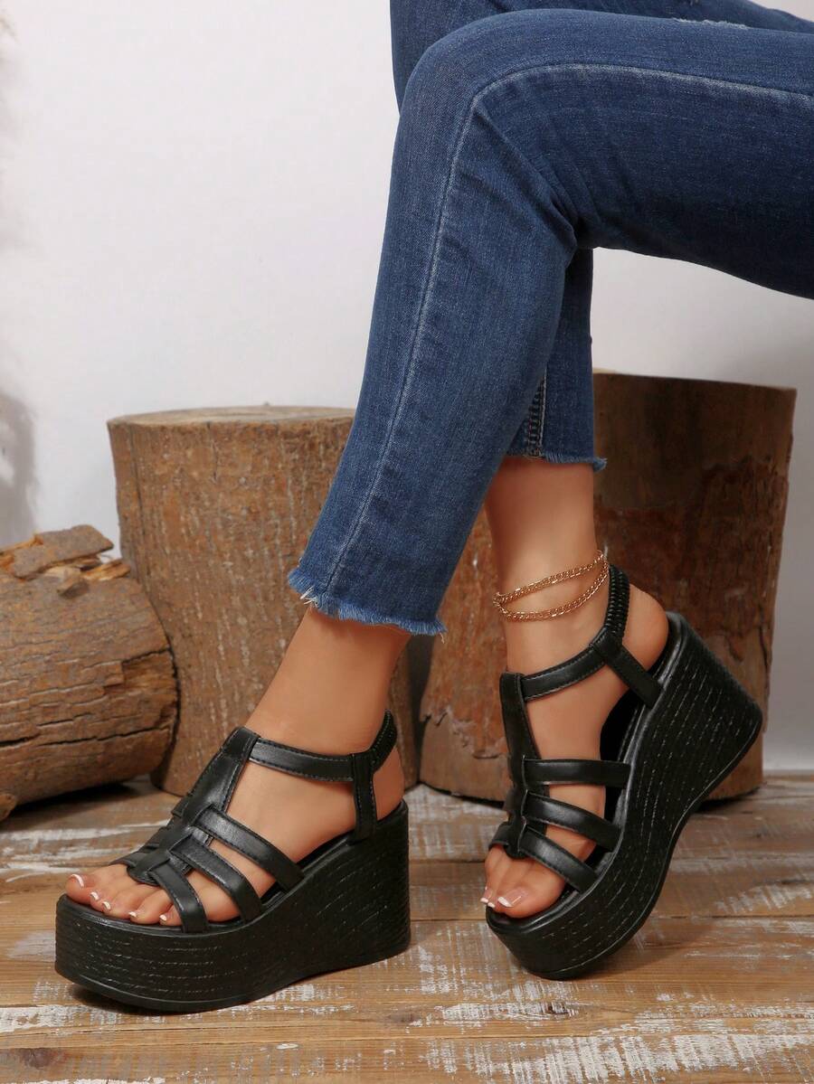 Open Toe T Bar High Platform Wedge Sandals for Women