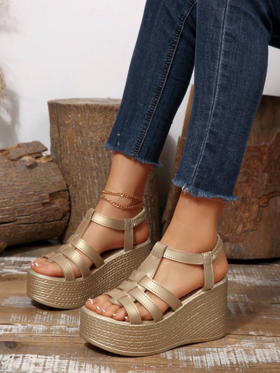 Open Toe T Bar High Platform Wedge Sandals for Women