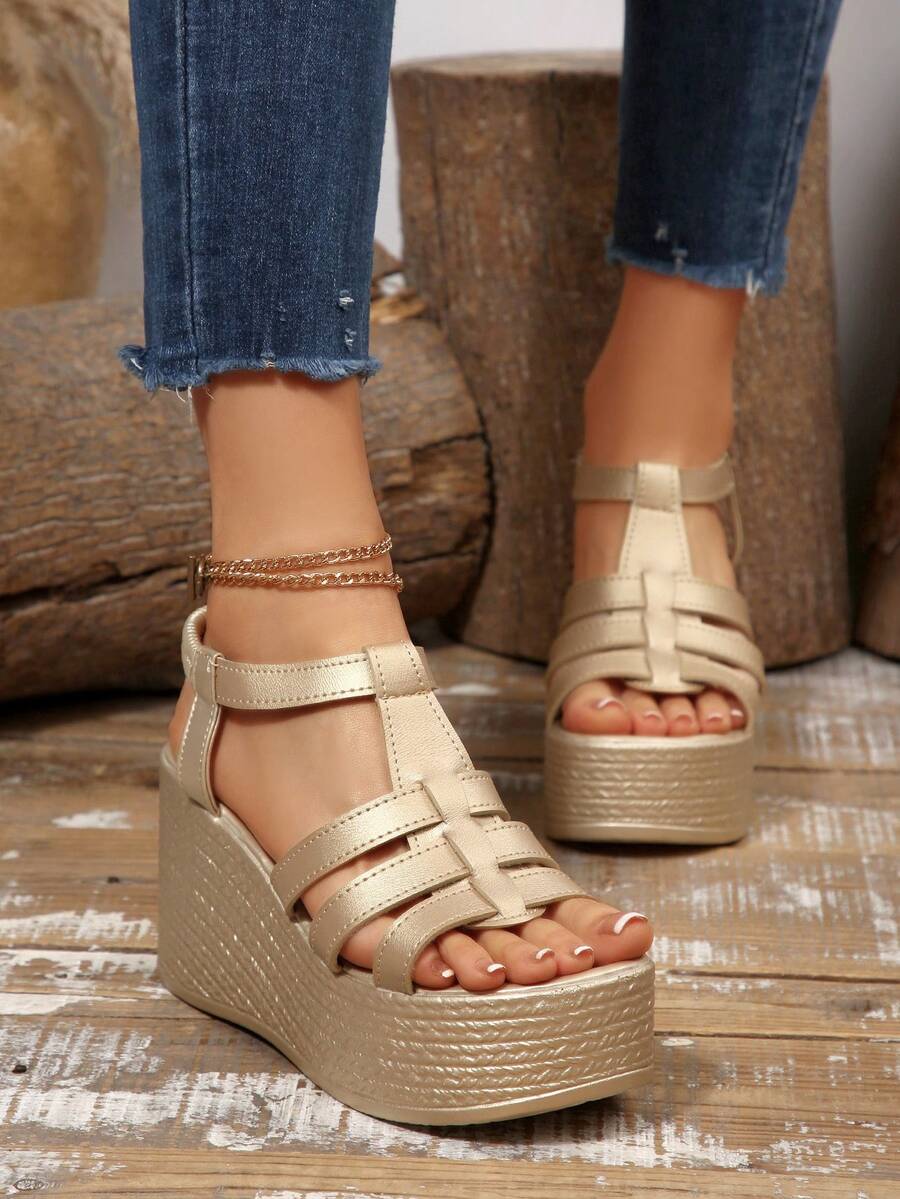 Open Toe T Bar High Platform Wedge Sandals for Women