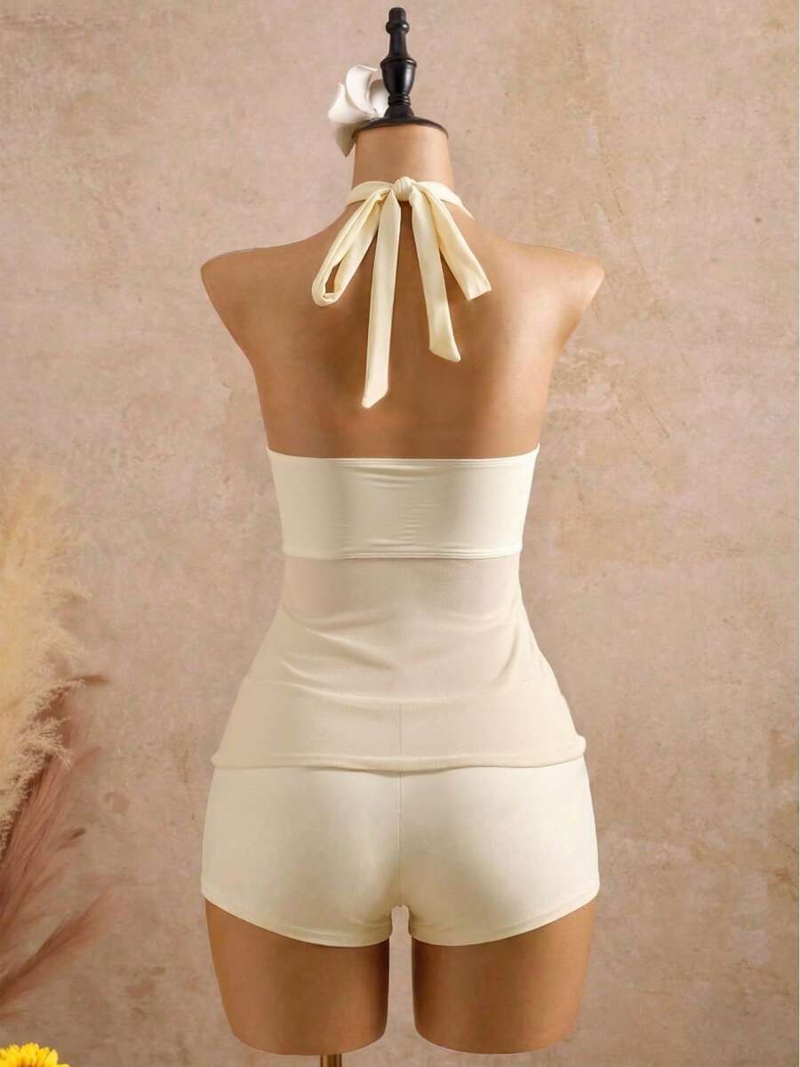 Halter Neck V-Neck Mesh Panel Ruched Tankini with Shorts