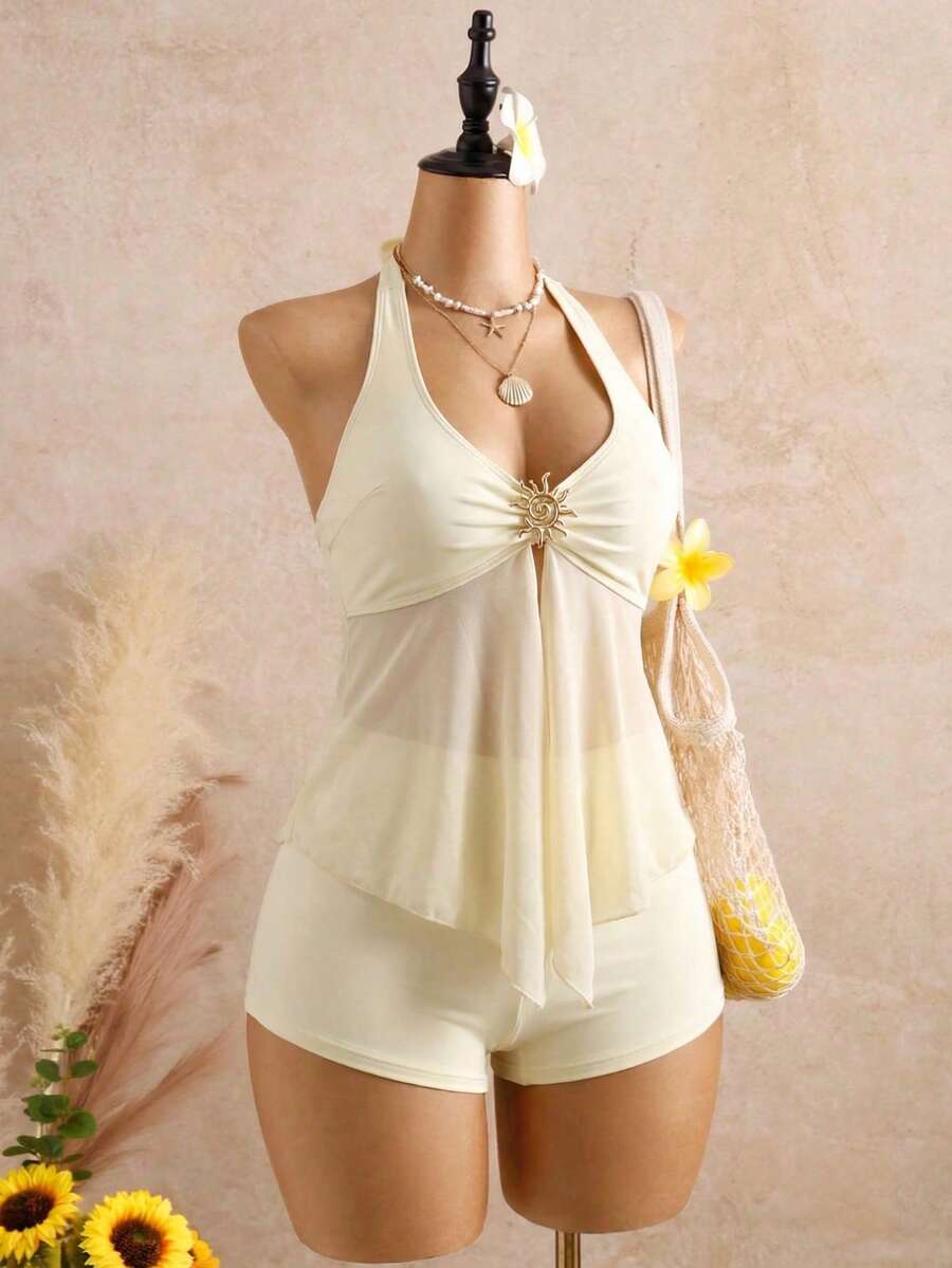 Halter Neck V-Neck Mesh Panel Ruched Tankini with Shorts