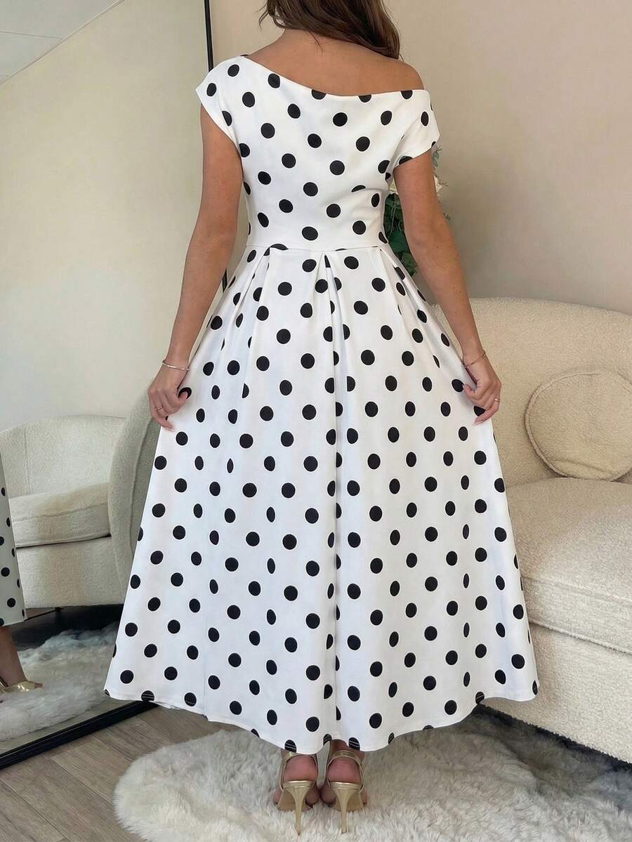 Polka Dot Off Shoulder Ruched Fit and Flare Wedding Guest Midi Dress
