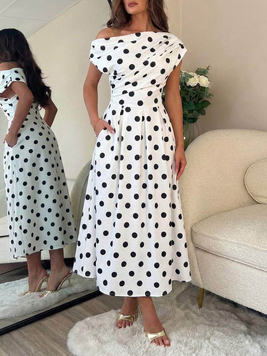 Polka Dot Off Shoulder Ruched Fit and Flare Wedding Guest Midi Dress