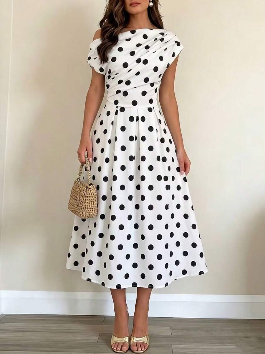 Polka Dot Off Shoulder Ruched Fit and Flare Wedding Guest Midi Dress
