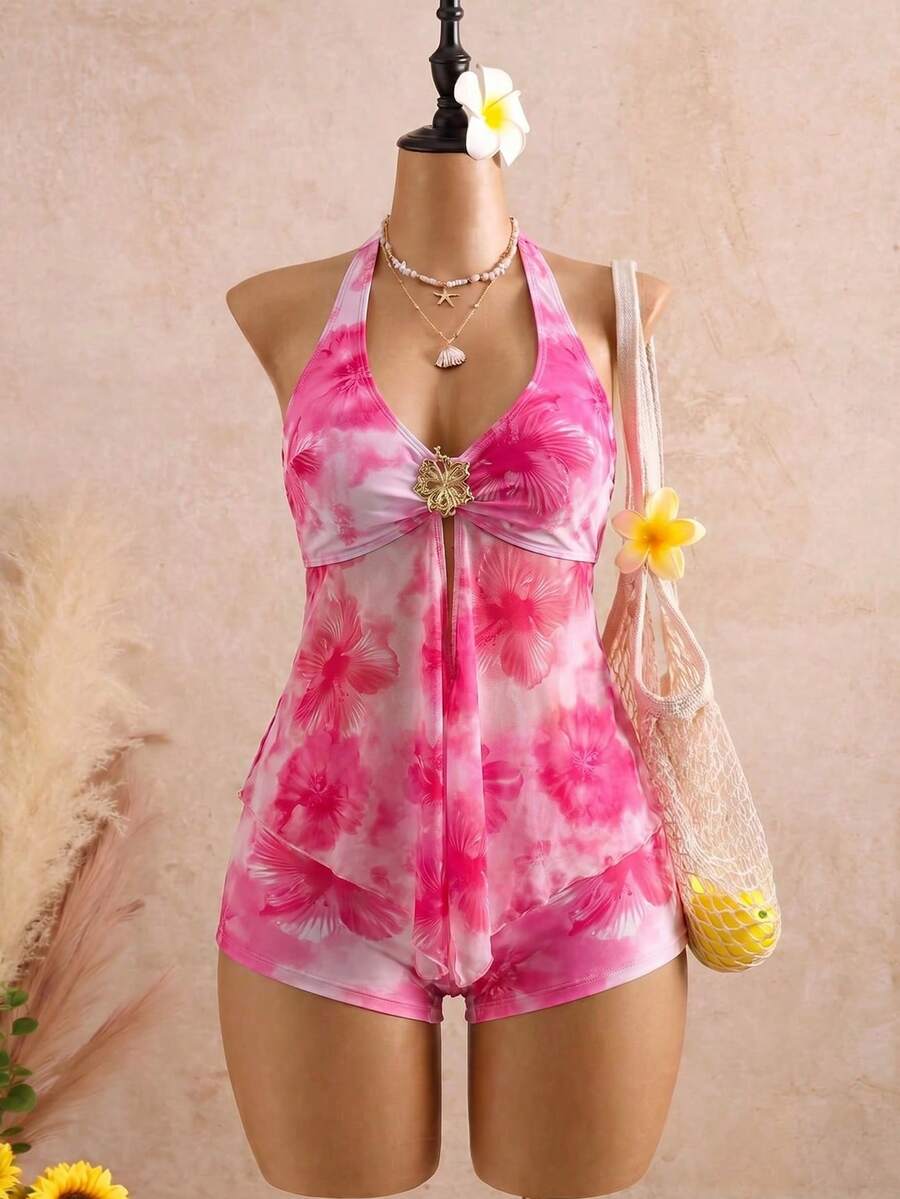 Halter Neck V-Neck Mesh Panel Ruched Tankini with Shorts