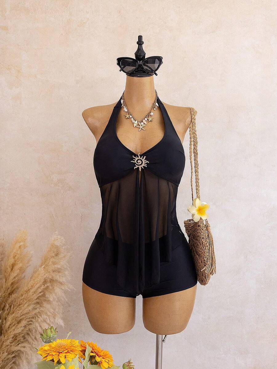 Halter Neck V-Neck Mesh Panel Ruched Tankini with Shorts