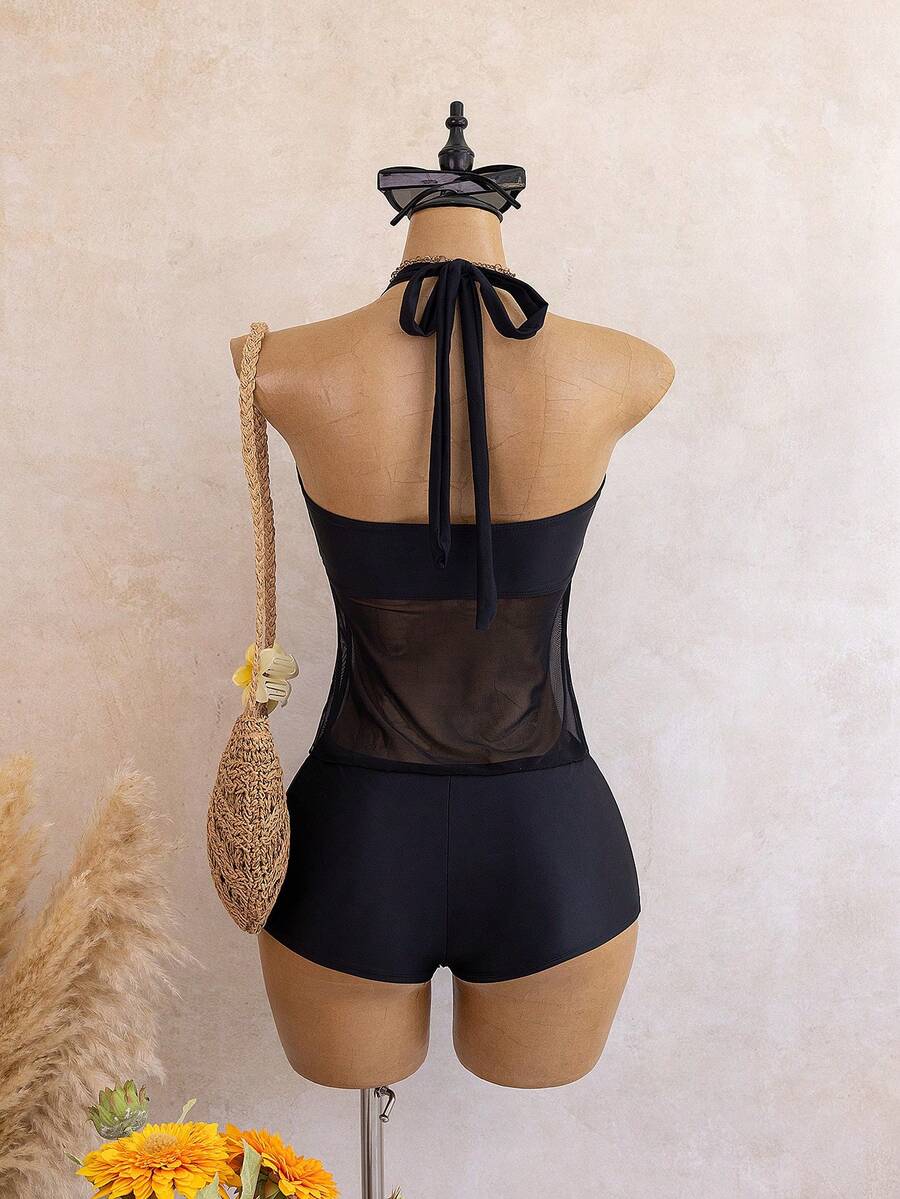 Halter Neck V-Neck Mesh Panel Ruched Tankini with Shorts