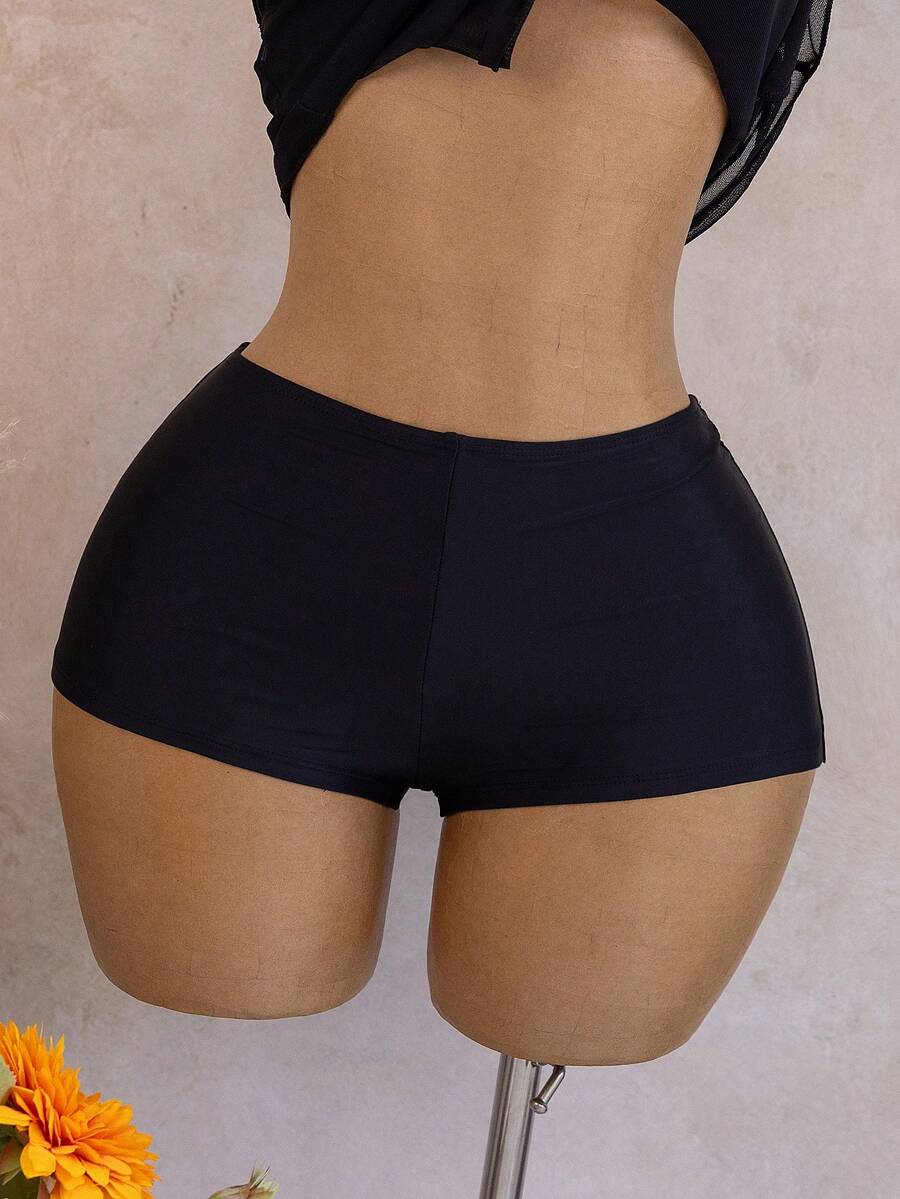 Halter Neck V-Neck Mesh Panel Ruched Tankini with Shorts