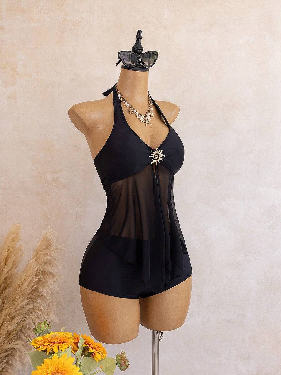 Halter Neck V-Neck Mesh Panel Ruched Tankini with Shorts