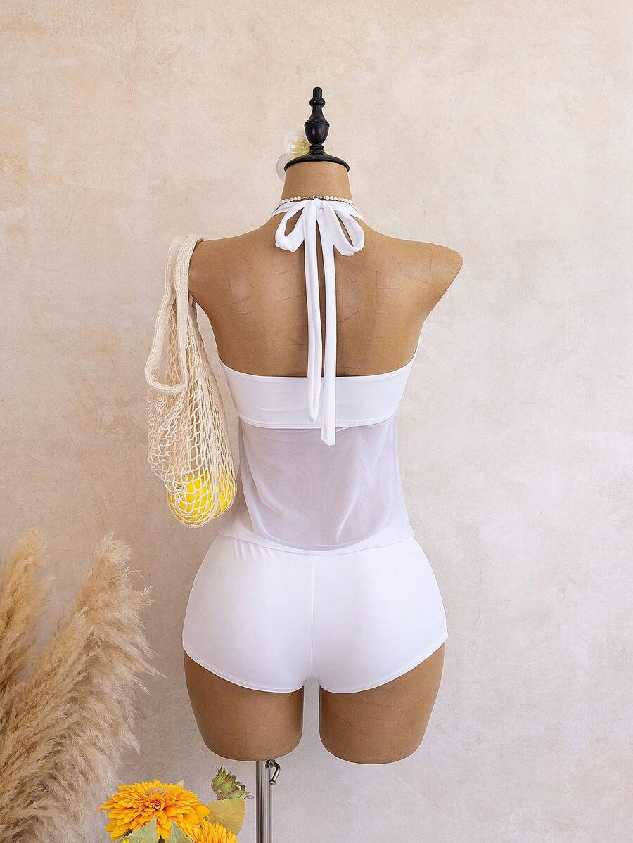 Halter Neck V-Neck Mesh Panel Ruched Tankini with Shorts