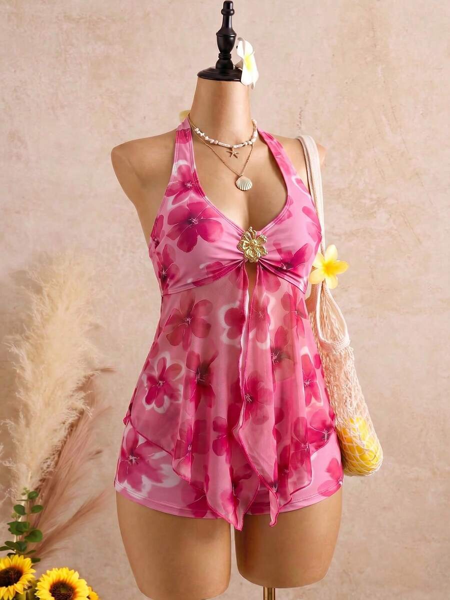 Halter Neck V-Neck Mesh Panel Ruched Tankini with Shorts