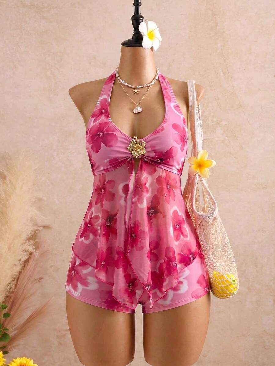 Halter Neck V-Neck Mesh Panel Ruched Tankini with Shorts
