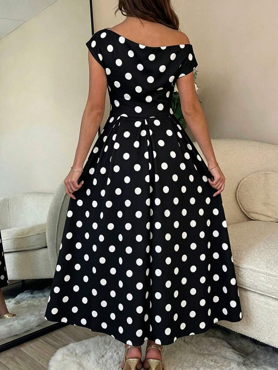 Polka Dot Off Shoulder Ruched Fit and Flare Wedding Guest Midi Dress
