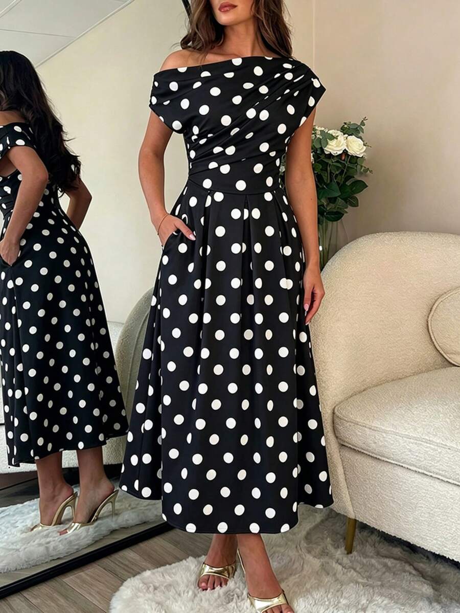 Polka Dot Off Shoulder Ruched Fit and Flare Wedding Guest Midi Dress