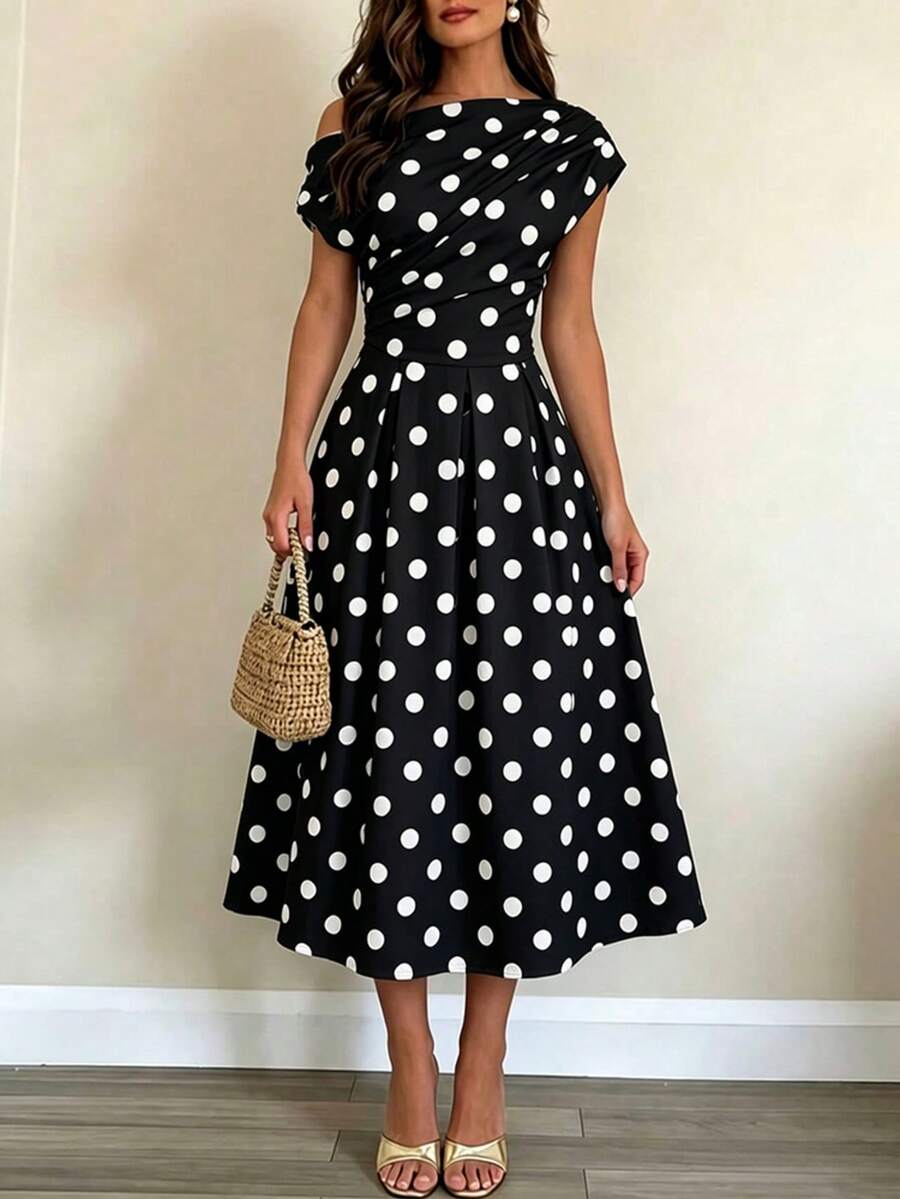 Polka Dot Off Shoulder Ruched Fit and Flare Wedding Guest Midi Dress