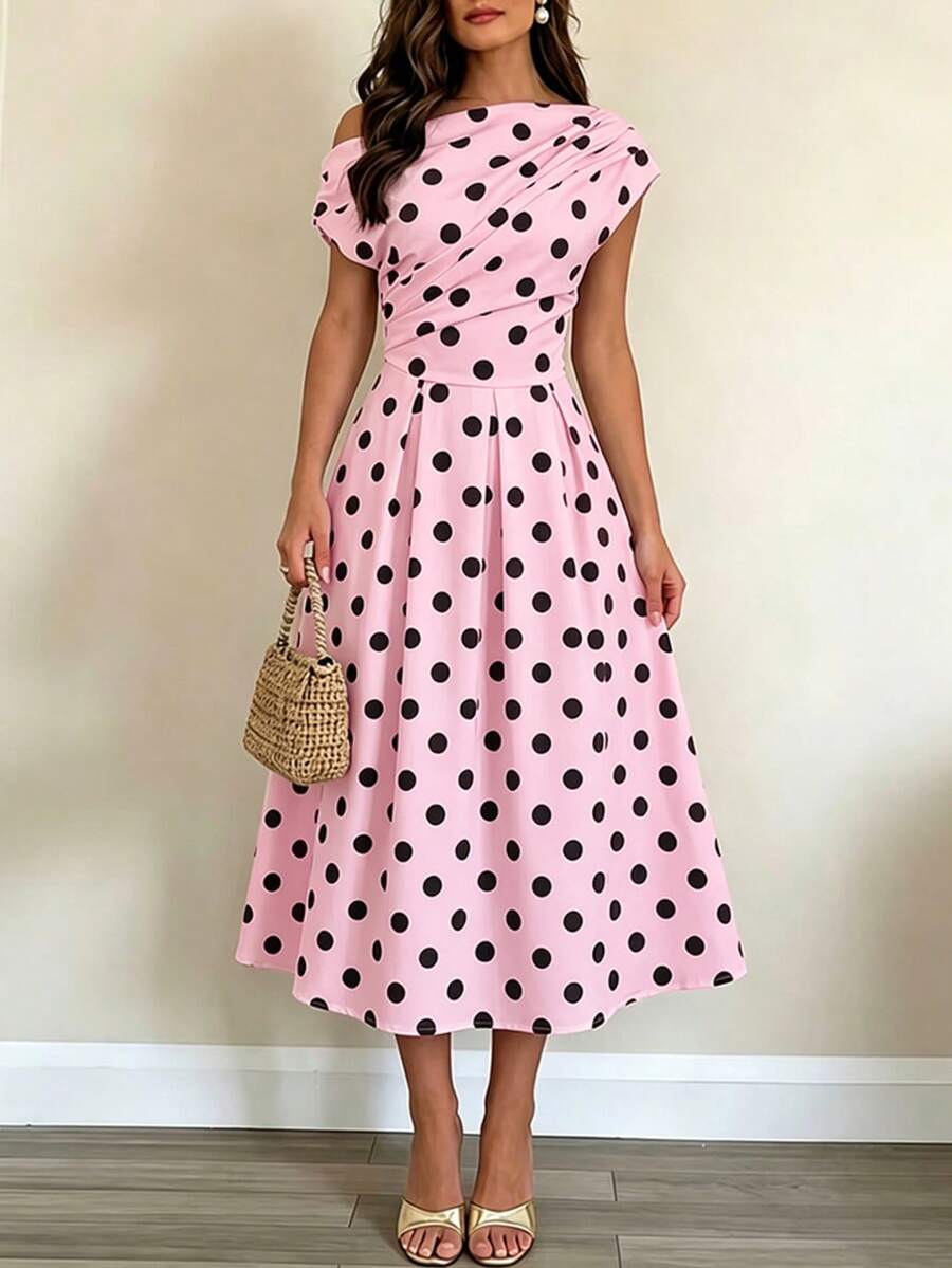Polka Dot Off Shoulder Ruched Fit and Flare Wedding Guest Midi Dress