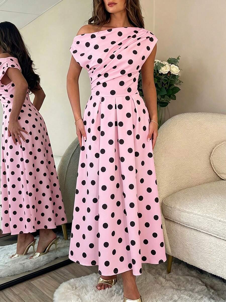 Polka Dot Off Shoulder Ruched Fit and Flare Wedding Guest Midi Dress
