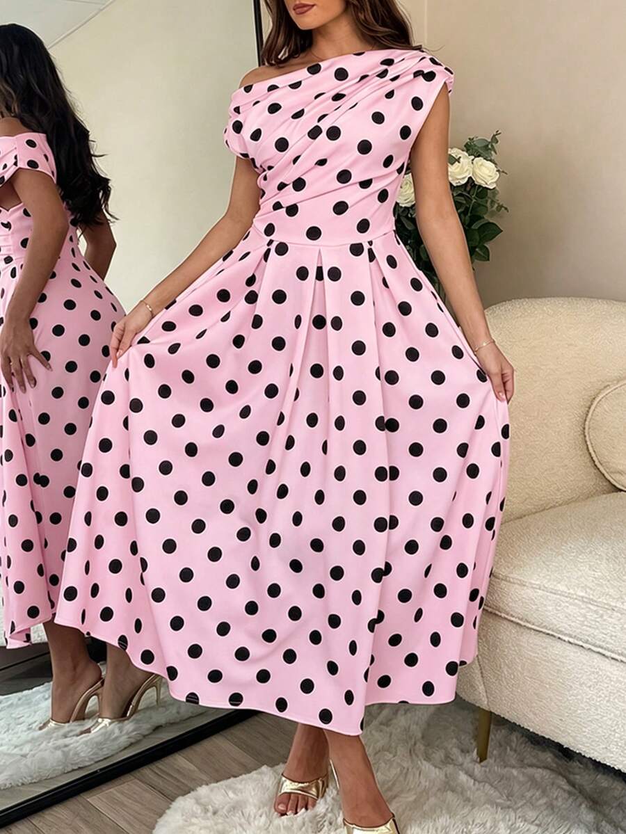Polka Dot Off Shoulder Ruched Fit and Flare Wedding Guest Midi Dress