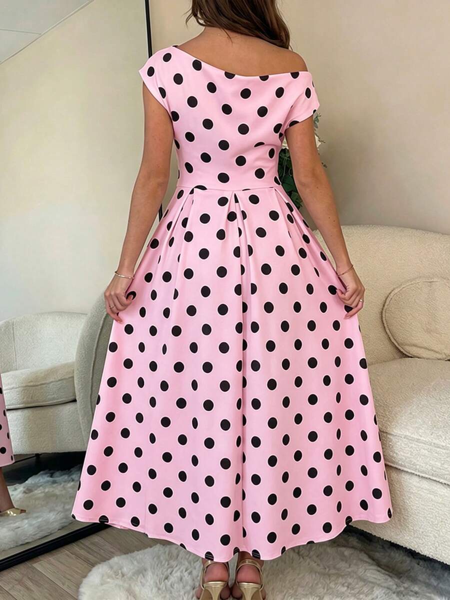 Polka Dot Off Shoulder Ruched Fit and Flare Wedding Guest Midi Dress