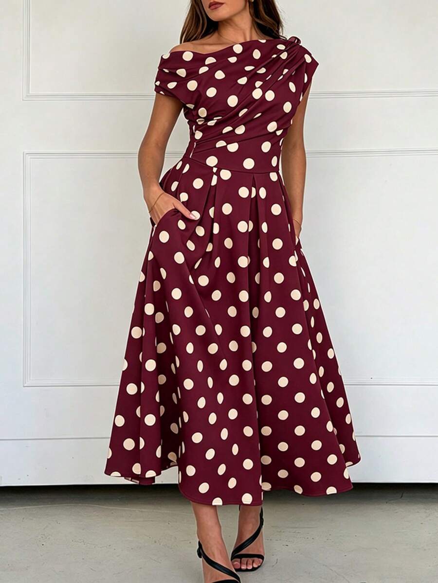 Polka Dot Off Shoulder Ruched Fit and Flare Wedding Guest Midi Dress