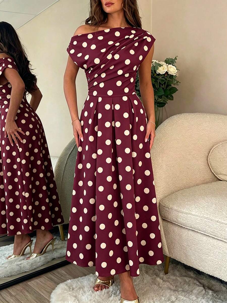 Polka Dot Off Shoulder Ruched Fit and Flare Wedding Guest Midi Dress