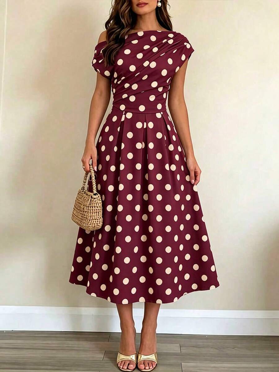 Polka Dot Off Shoulder Ruched Fit and Flare Wedding Guest Midi Dress
