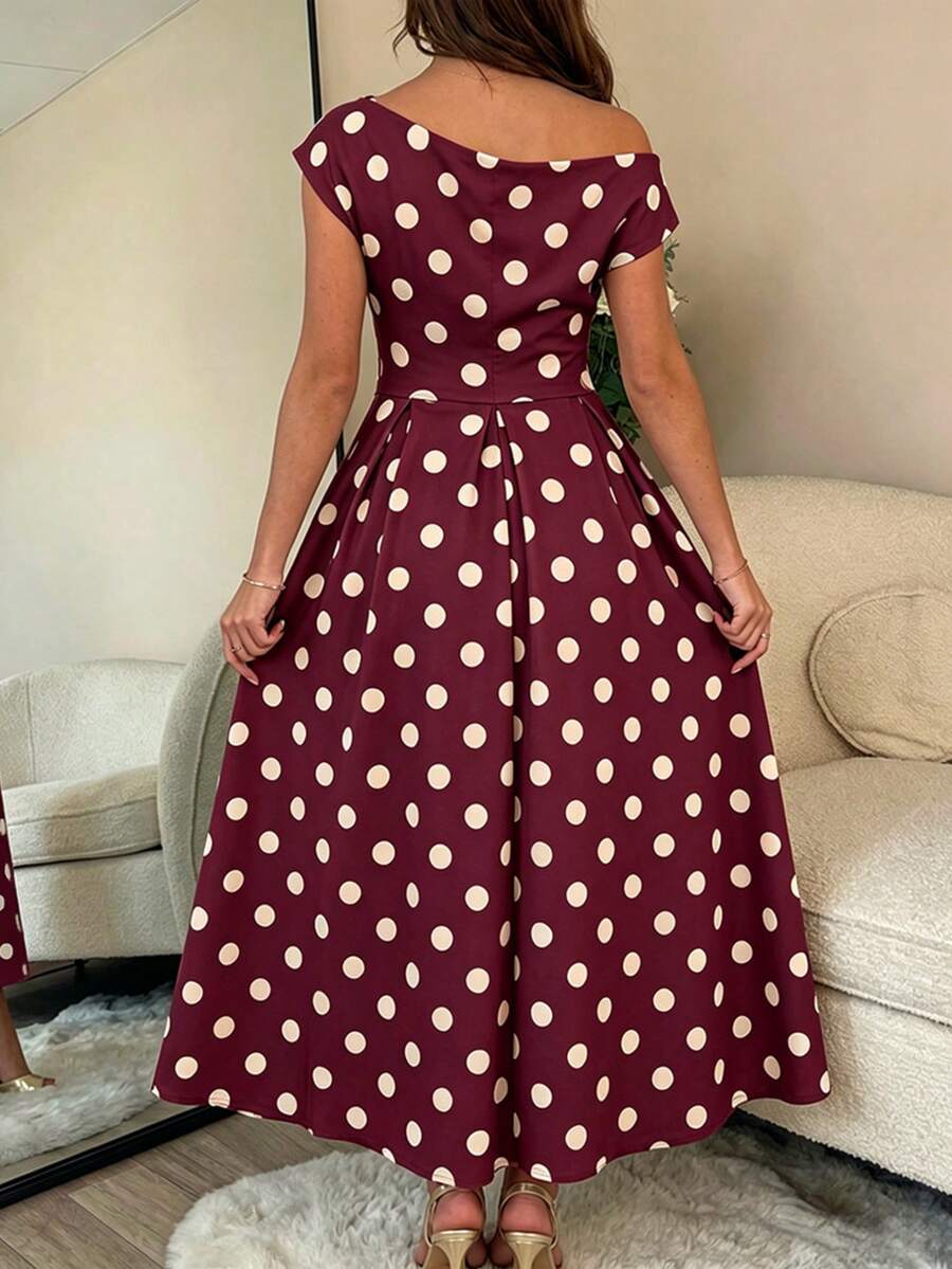 Polka Dot Off Shoulder Ruched Fit and Flare Wedding Guest Midi Dress