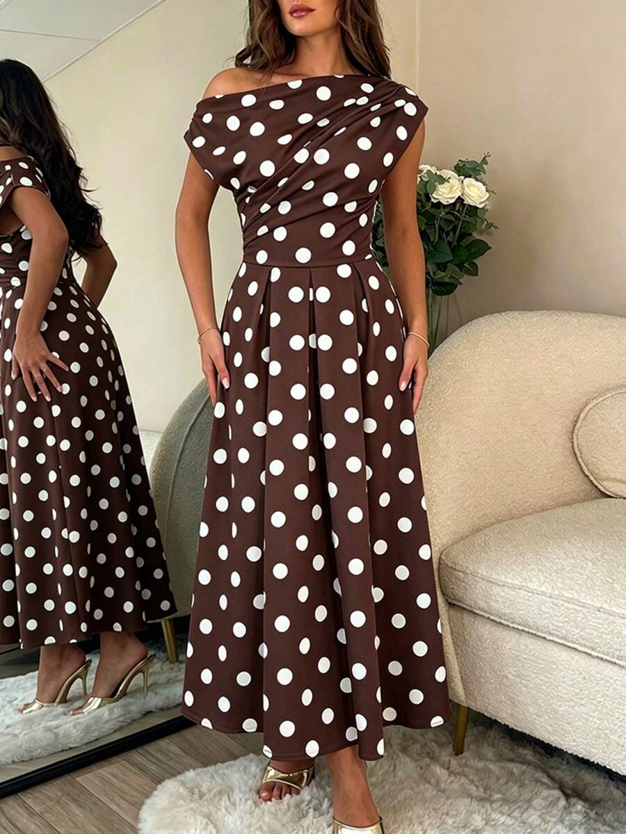 Polka Dot Off Shoulder Ruched Fit and Flare Wedding Guest Midi Dress