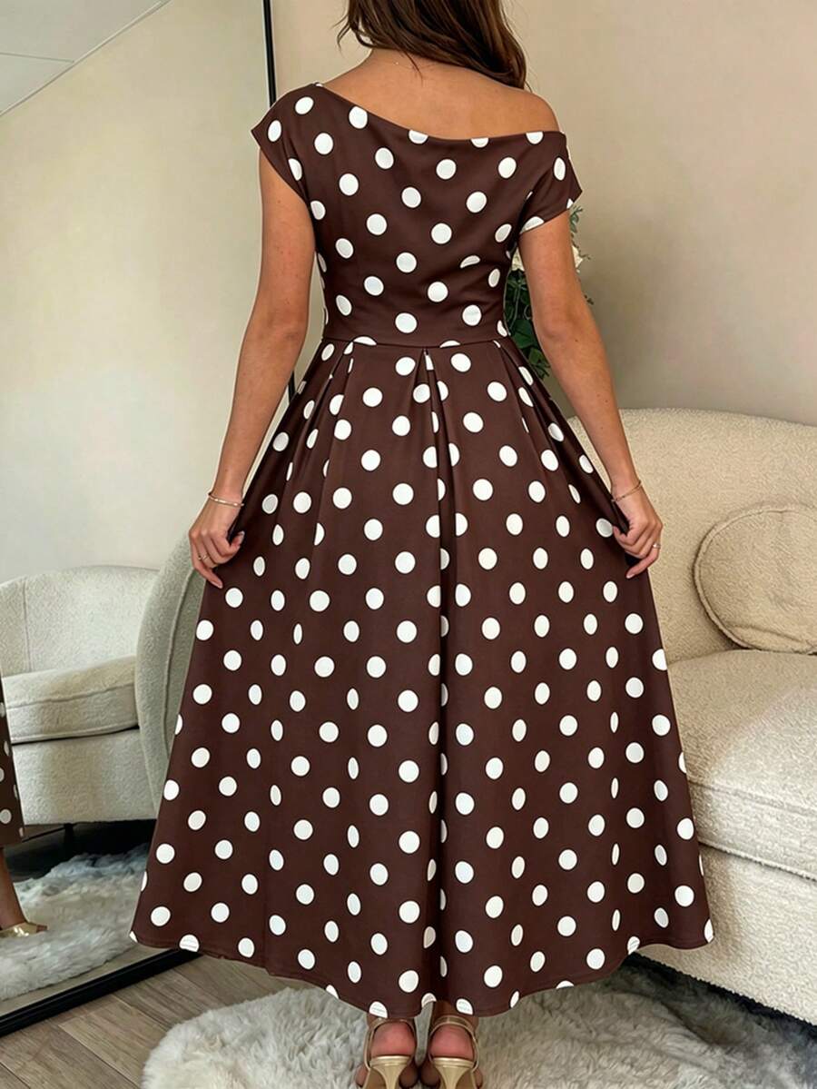 Polka Dot Off Shoulder Ruched Fit and Flare Wedding Guest Midi Dress