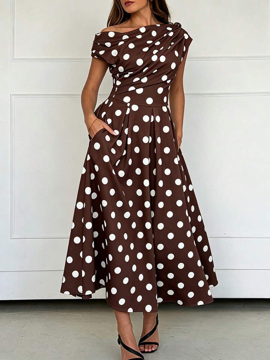 Polka Dot Off Shoulder Ruched Fit and Flare Wedding Guest Midi Dress