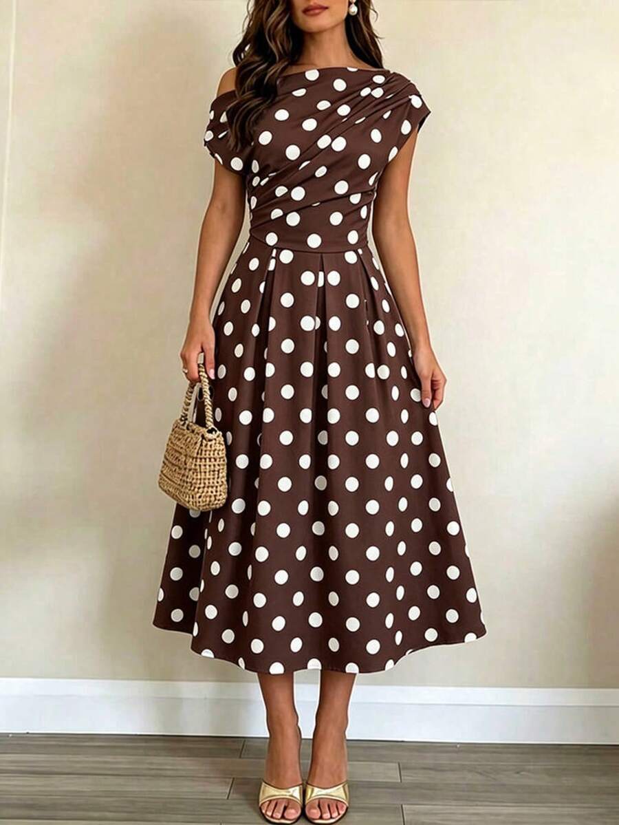 Polka Dot Off Shoulder Ruched Fit and Flare Wedding Guest Midi Dress