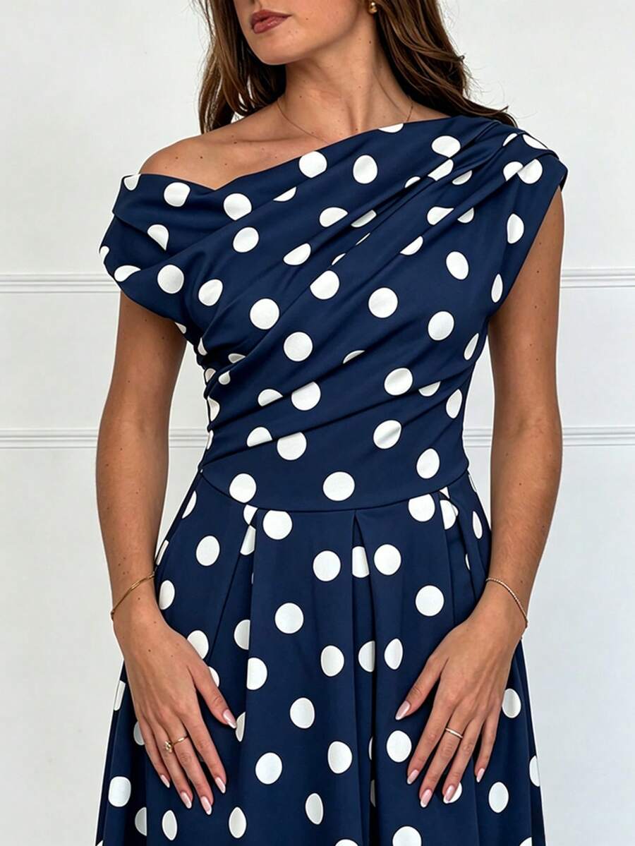 Polka Dot Off Shoulder Ruched Fit and Flare Wedding Guest Midi Dress