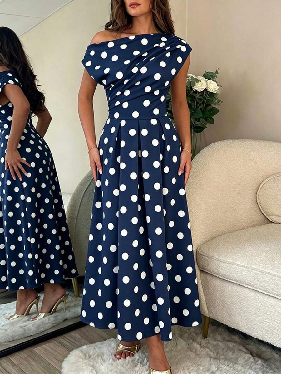 Polka Dot Off Shoulder Ruched Fit and Flare Wedding Guest Midi Dress