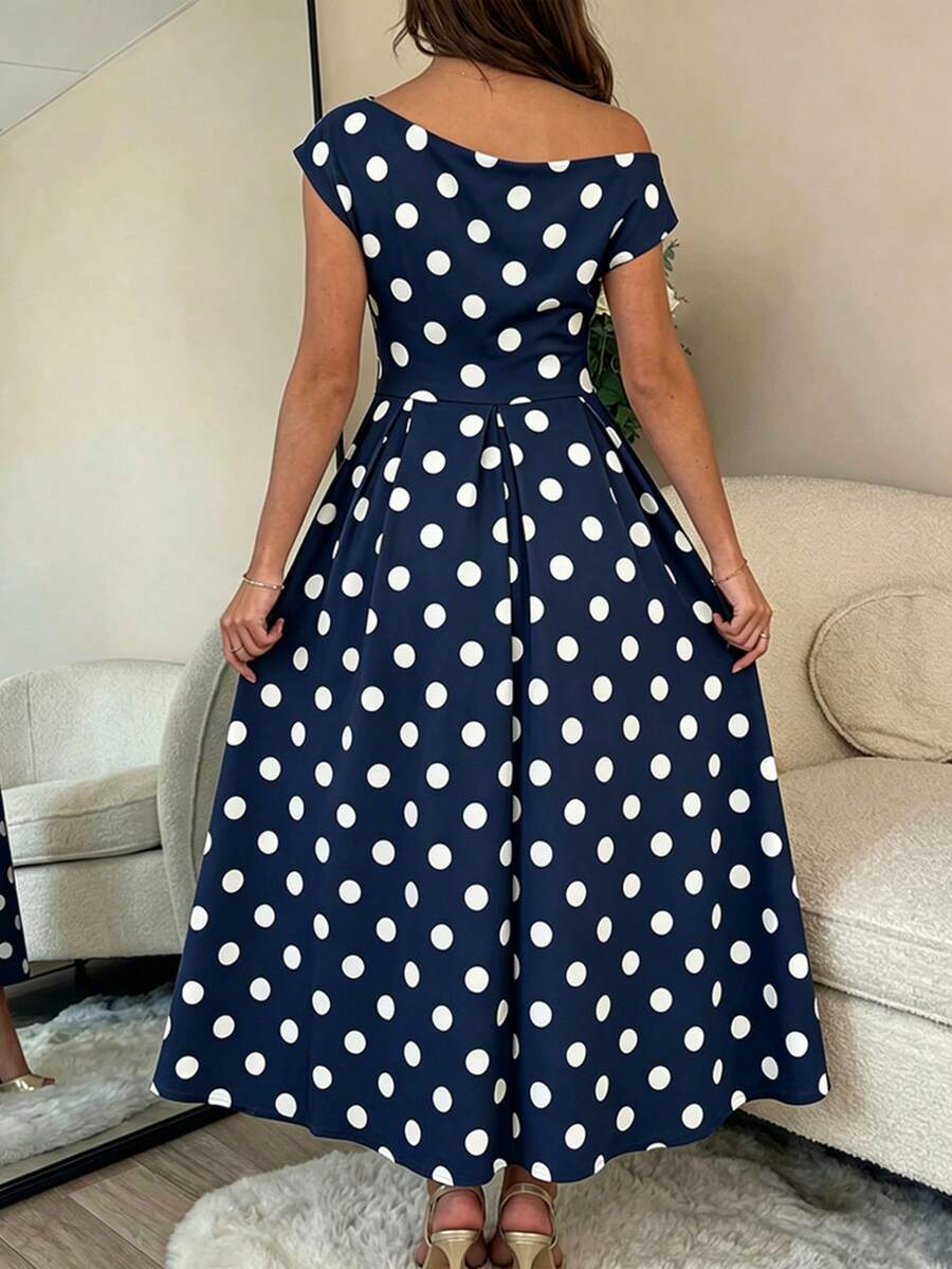 Polka Dot Off Shoulder Ruched Fit and Flare Wedding Guest Midi Dress