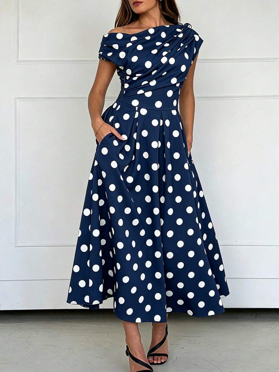 Polka Dot Off Shoulder Ruched Fit and Flare Wedding Guest Midi Dress