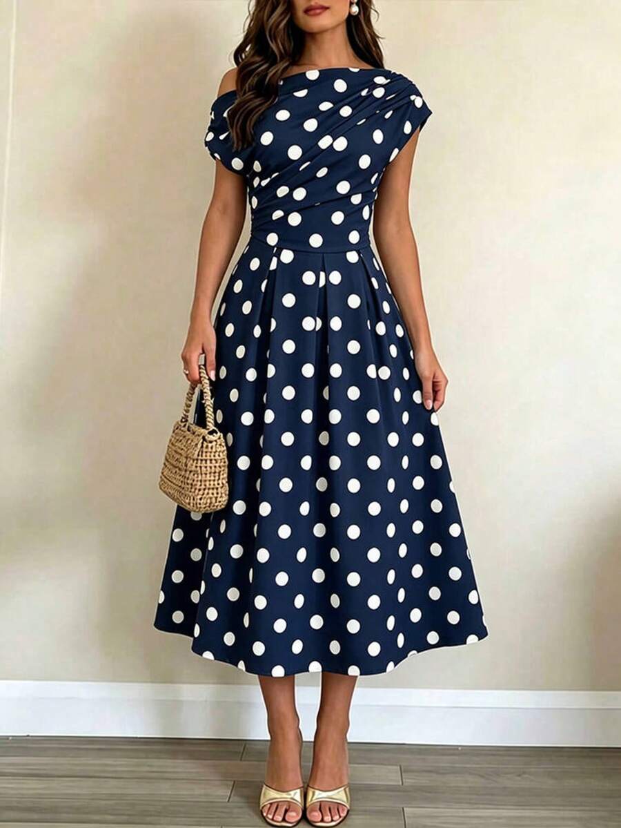 Polka Dot Off Shoulder Ruched Fit and Flare Wedding Guest Midi Dress