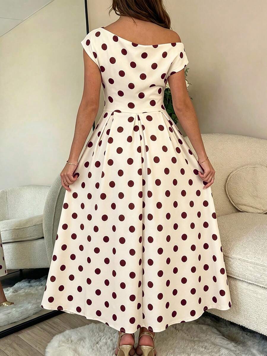 Polka Dot Off Shoulder Ruched Fit and Flare Wedding Guest Midi Dress