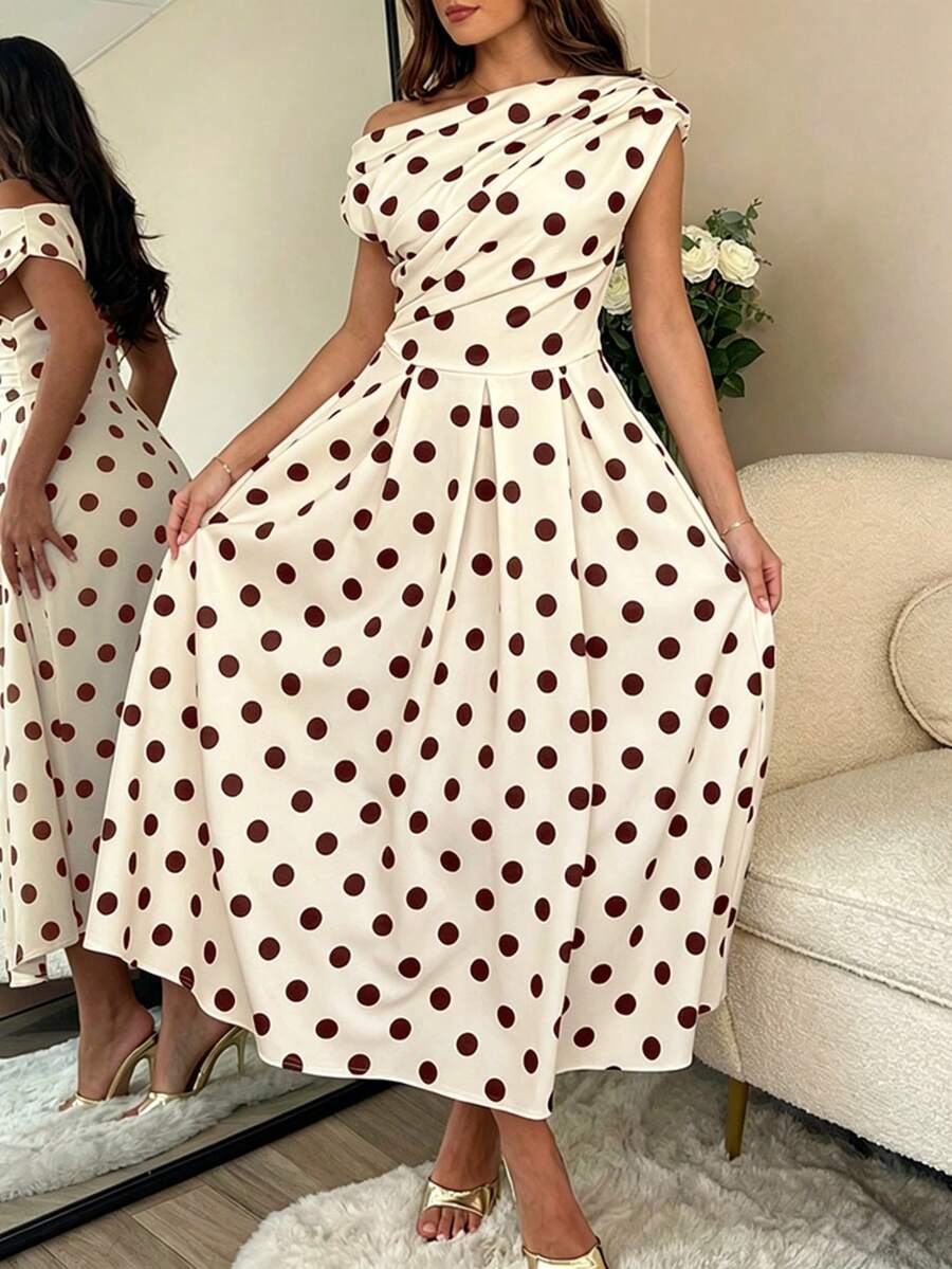 Polka Dot Off Shoulder Ruched Fit and Flare Wedding Guest Midi Dress