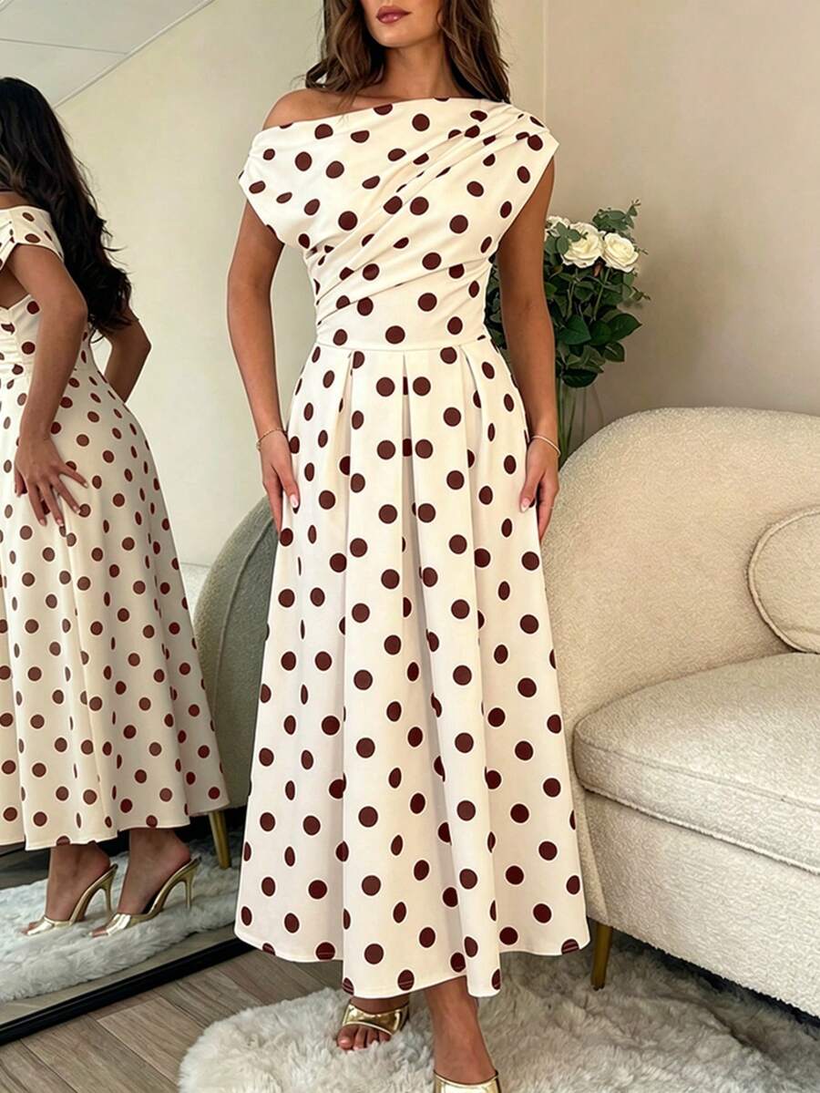 Polka Dot Off Shoulder Ruched Fit and Flare Wedding Guest Midi Dress