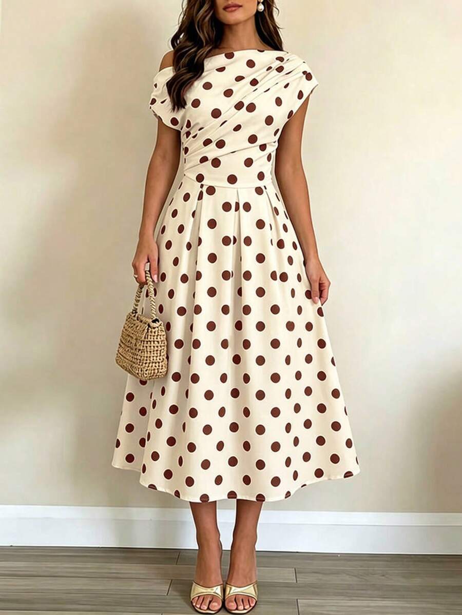 Polka Dot Off Shoulder Ruched Fit and Flare Wedding Guest Midi Dress