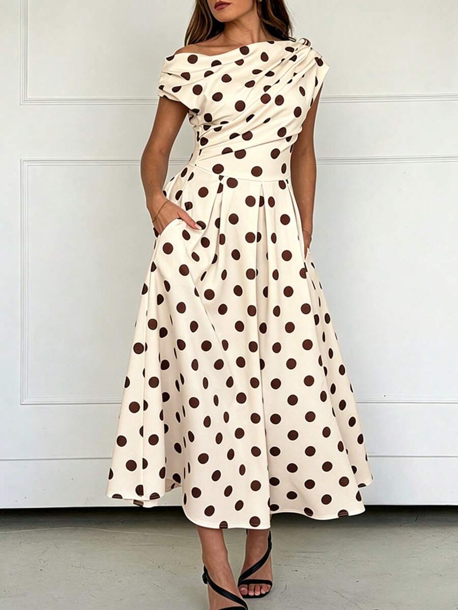 Polka Dot Off Shoulder Ruched Fit and Flare Wedding Guest Midi Dress