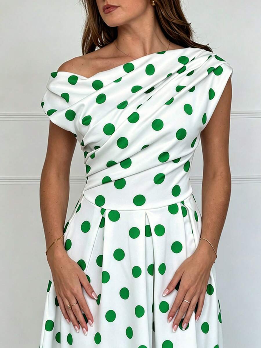 Polka Dot Off Shoulder Ruched Fit and Flare Wedding Guest Midi Dress