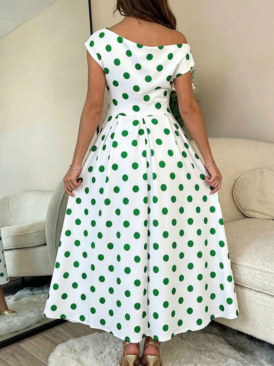 Polka Dot Off Shoulder Ruched Fit and Flare Wedding Guest Midi Dress