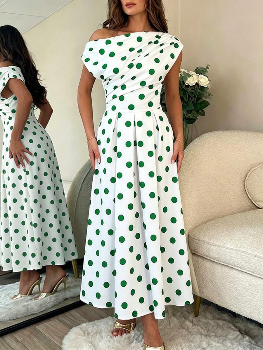 Polka Dot Off Shoulder Ruched Fit and Flare Wedding Guest Midi Dress