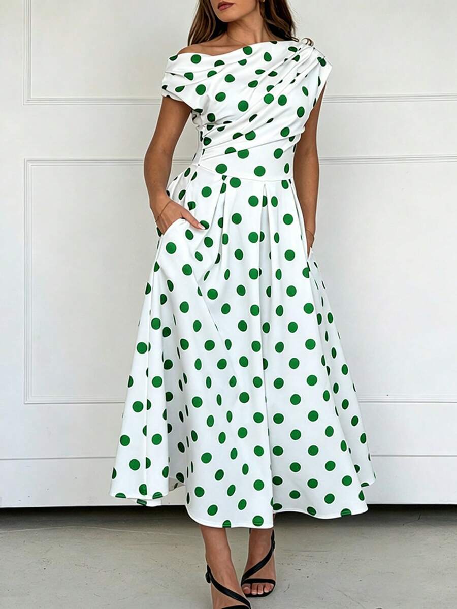 Polka Dot Off Shoulder Ruched Fit and Flare Wedding Guest Midi Dress