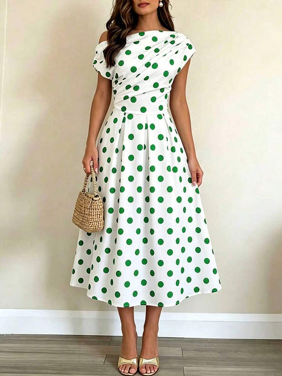 Polka Dot Off Shoulder Ruched Fit and Flare Wedding Guest Midi Dress