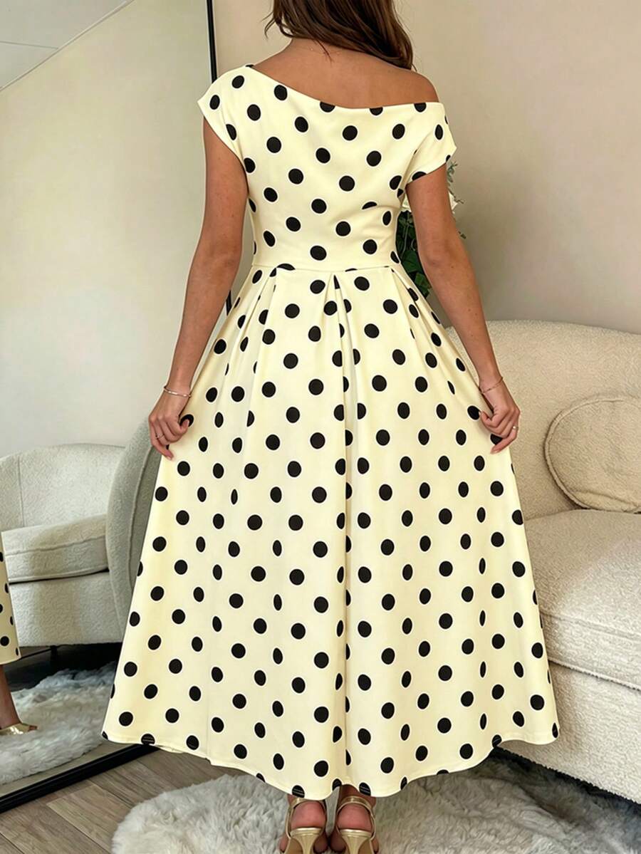 Polka Dot Off Shoulder Ruched Fit and Flare Wedding Guest Midi Dress