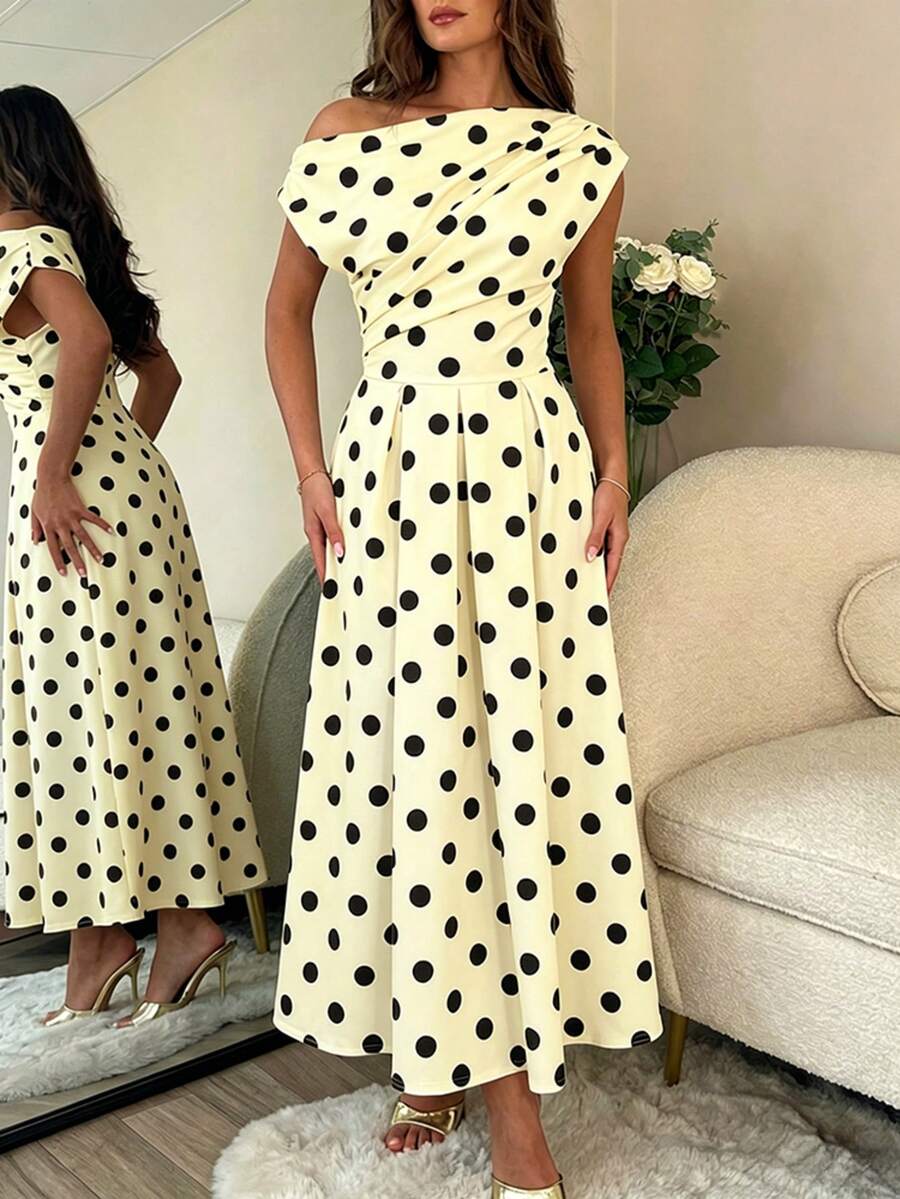 Polka Dot Off Shoulder Ruched Fit and Flare Wedding Guest Midi Dress
