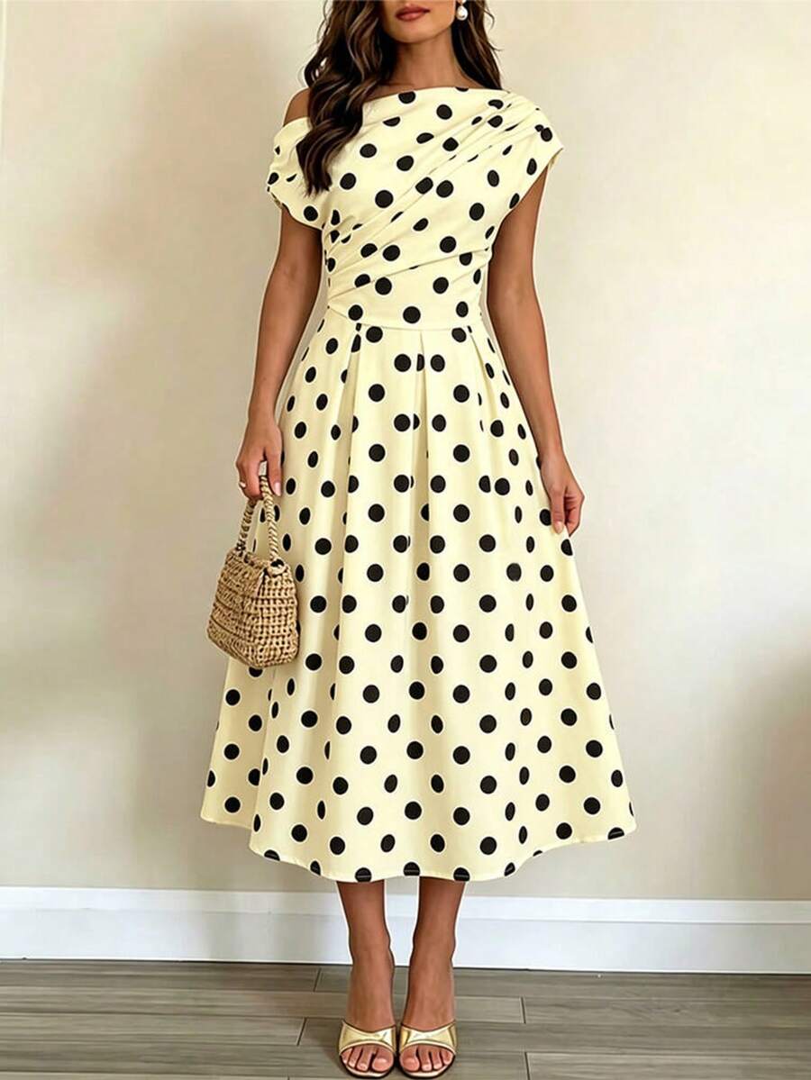 Polka Dot Off Shoulder Ruched Fit and Flare Wedding Guest Midi Dress