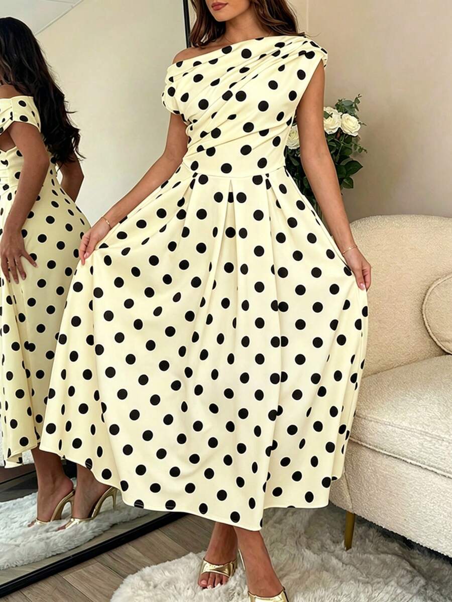 Polka Dot Off Shoulder Ruched Fit and Flare Wedding Guest Midi Dress